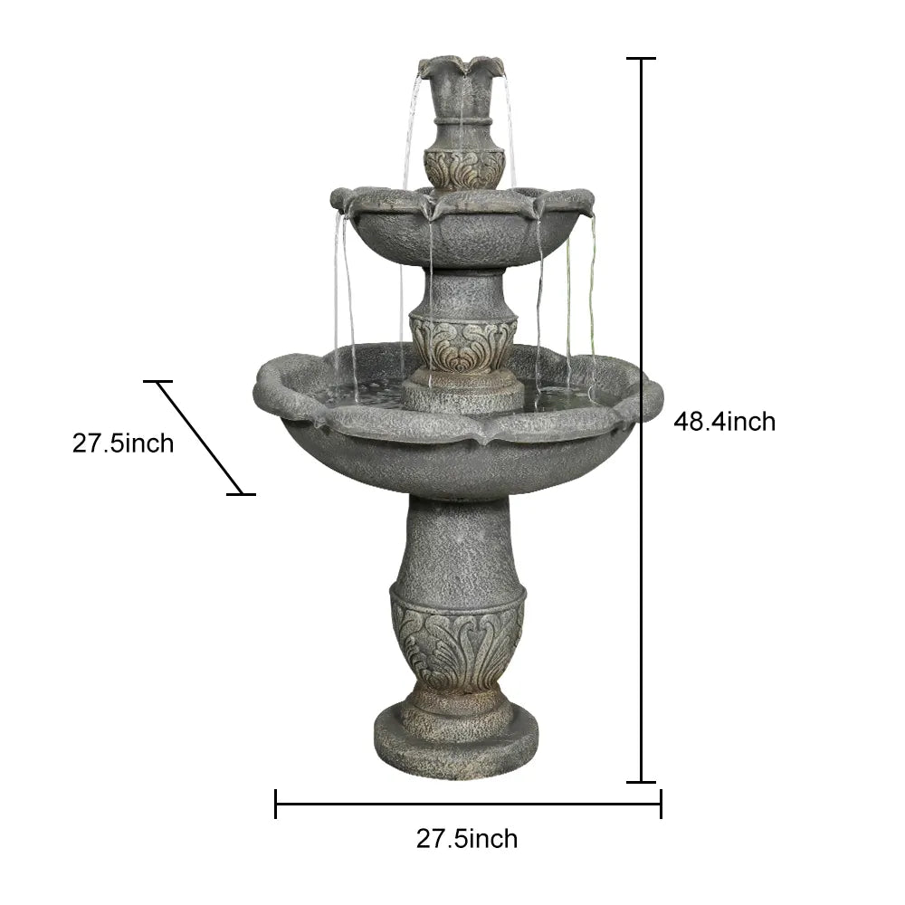 Dimensions and size chart for the 48.4"H 2-tier concrete fountain