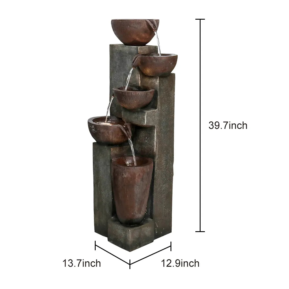 Dimensions chart for the 5-tier outdoor fountain, showing 39.7-inch height.