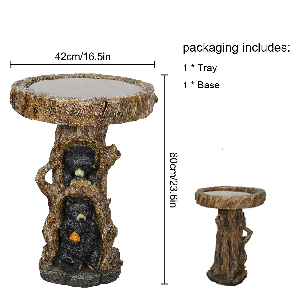 Dimensions chart showing the 23.6-inch tall and 16.5-inch wide bear bird bath with its 2-piece tray and base design.