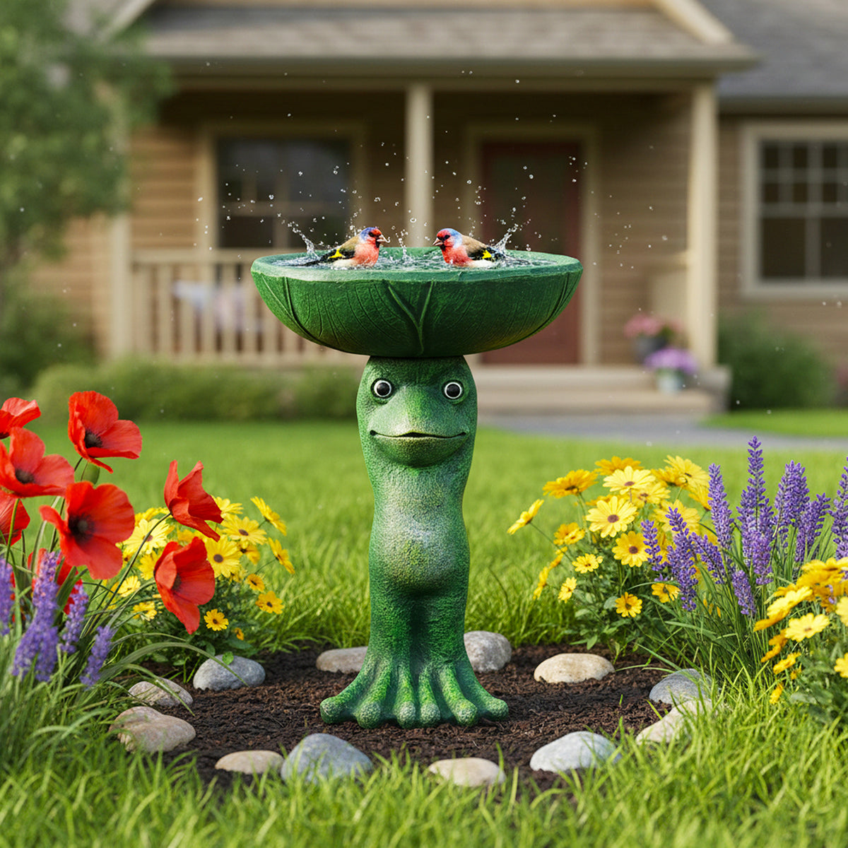 Elegant concrete bird bath surrounded by blooming flowers and greenery in a traditional garden.
