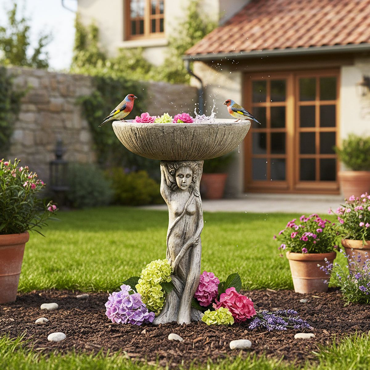 Elegant goddess pedestal bird bath serving as a beautiful focal point near vibrant red and yellow potted flowers.