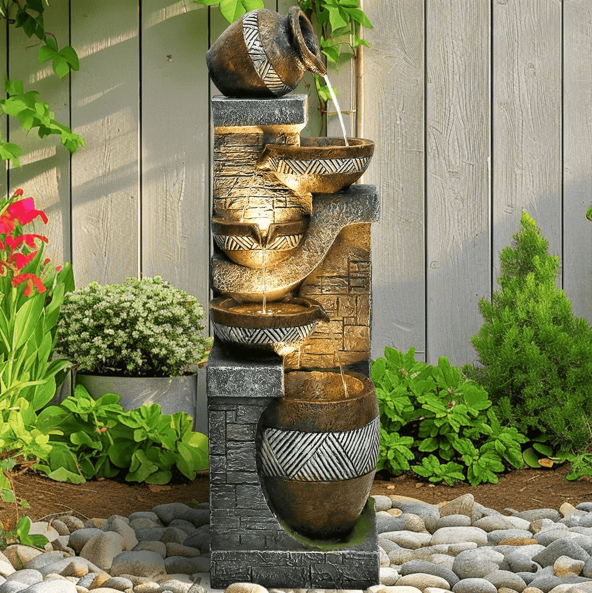 Resin Carved Clay Urn Outdoor Water Fountain 42 Inch in garden setting