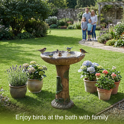 Family enjoying the view of wild birds visiting the rustic tree trunk bird bath in a sunny garden.