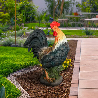 Farmhouse chicken sculpture for yard decoration standing on a stable stone-look base near a pool.