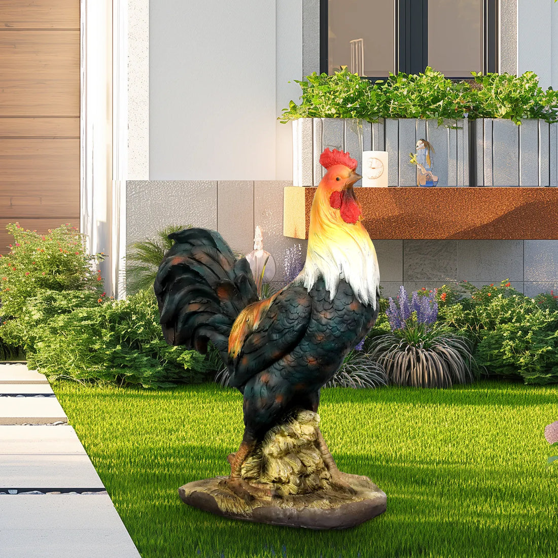 Farmhouse rooster ornament placed on a manicured lawn near a modern home entryway.