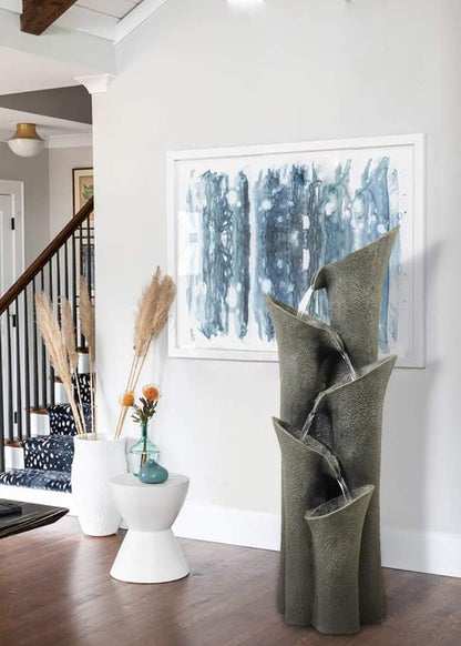 Five-Tier Fiber-Reinforced Concrete Stone-Look Fountain in a Modern Living Room