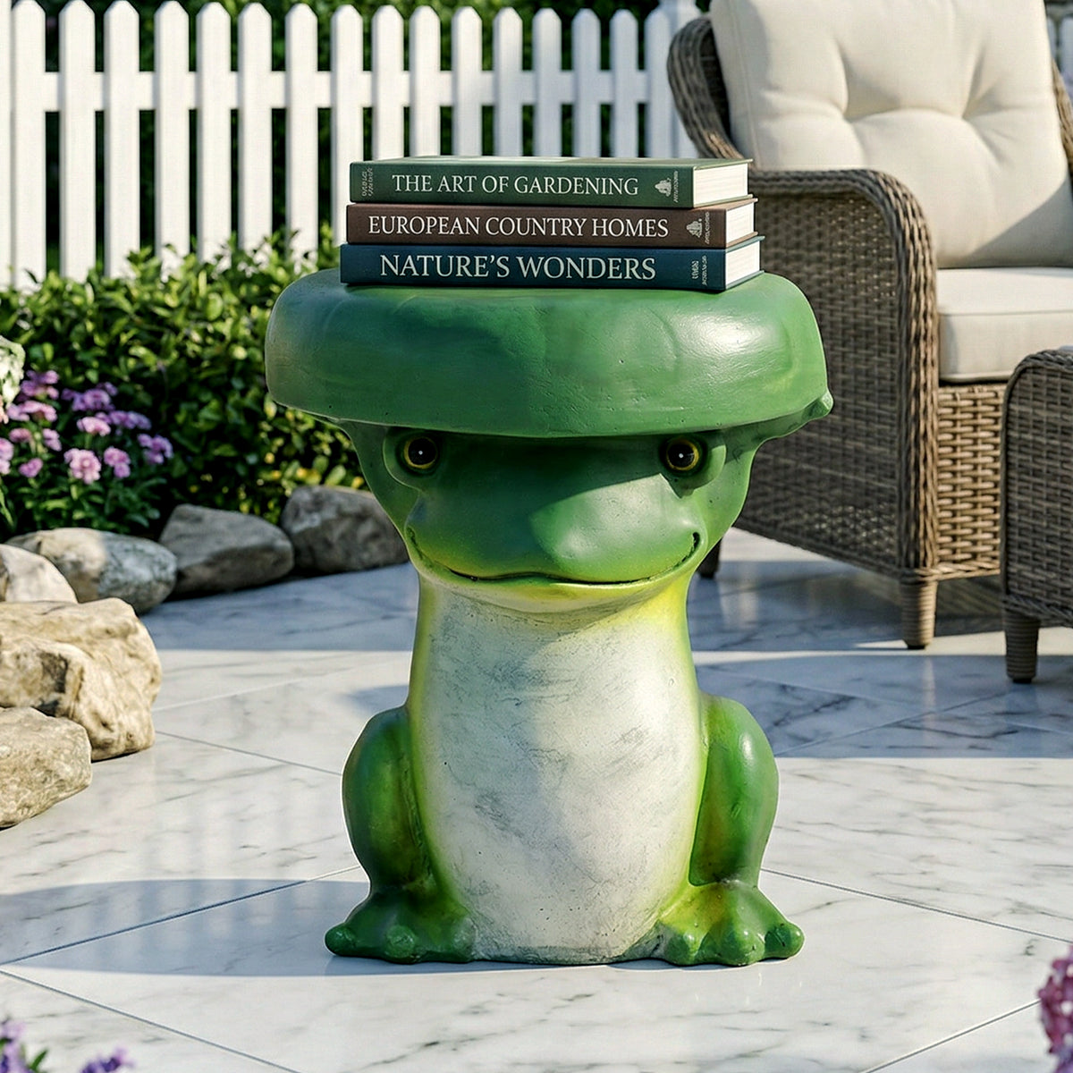 Flat lily pad top of the frog side table holding books and resting next to an outdoor patio chair.
