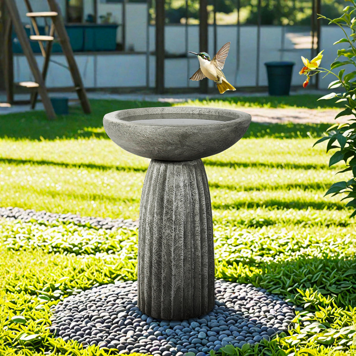 Fluted concrete bird bath in backyard garden with hummingbird hovering above basin