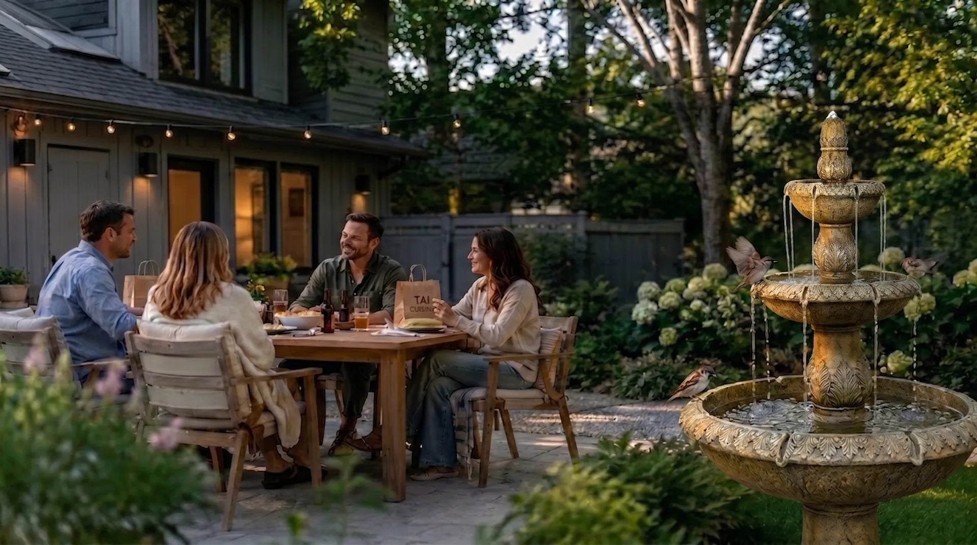Four friends sharing a Thai dinner in an evening patio next to a classic tiered stone fountain.