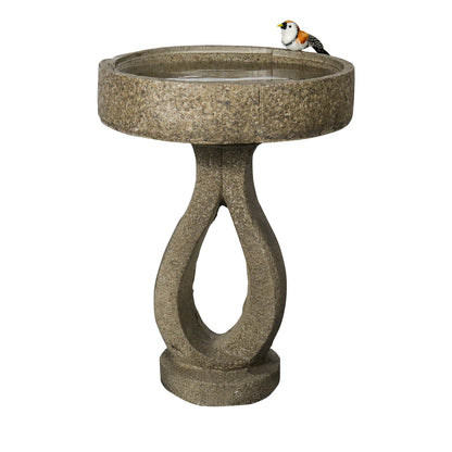 Front view of the 21.8"H sleek modern concrete garden bird bath with a bird on a white background.