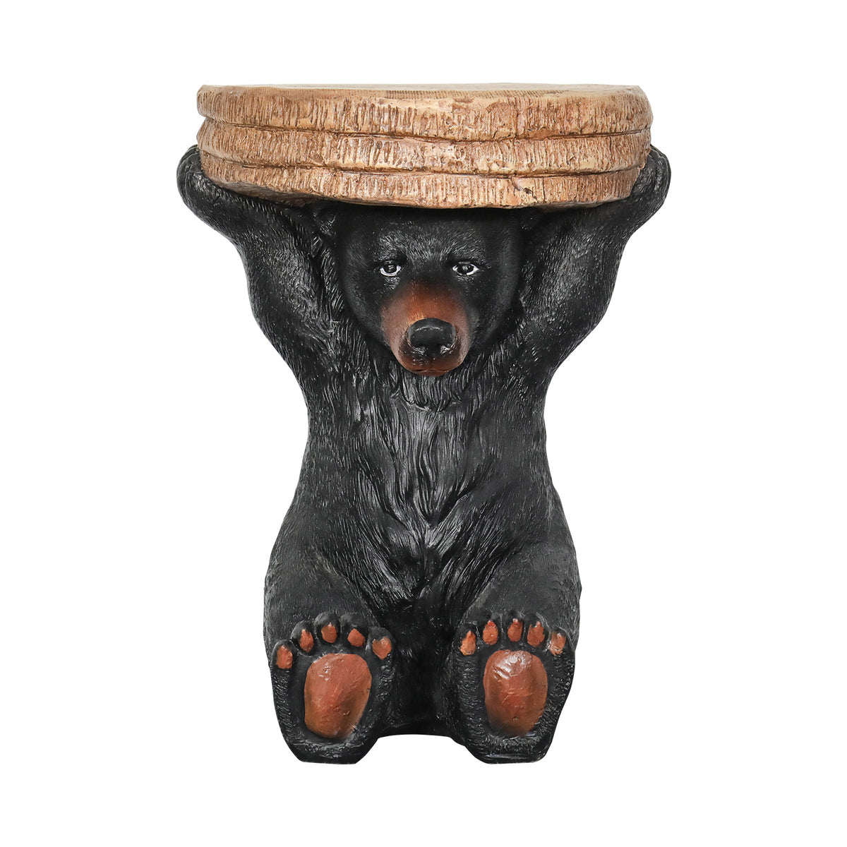 Front view of the 21" hand-painted black bear cement side table on white