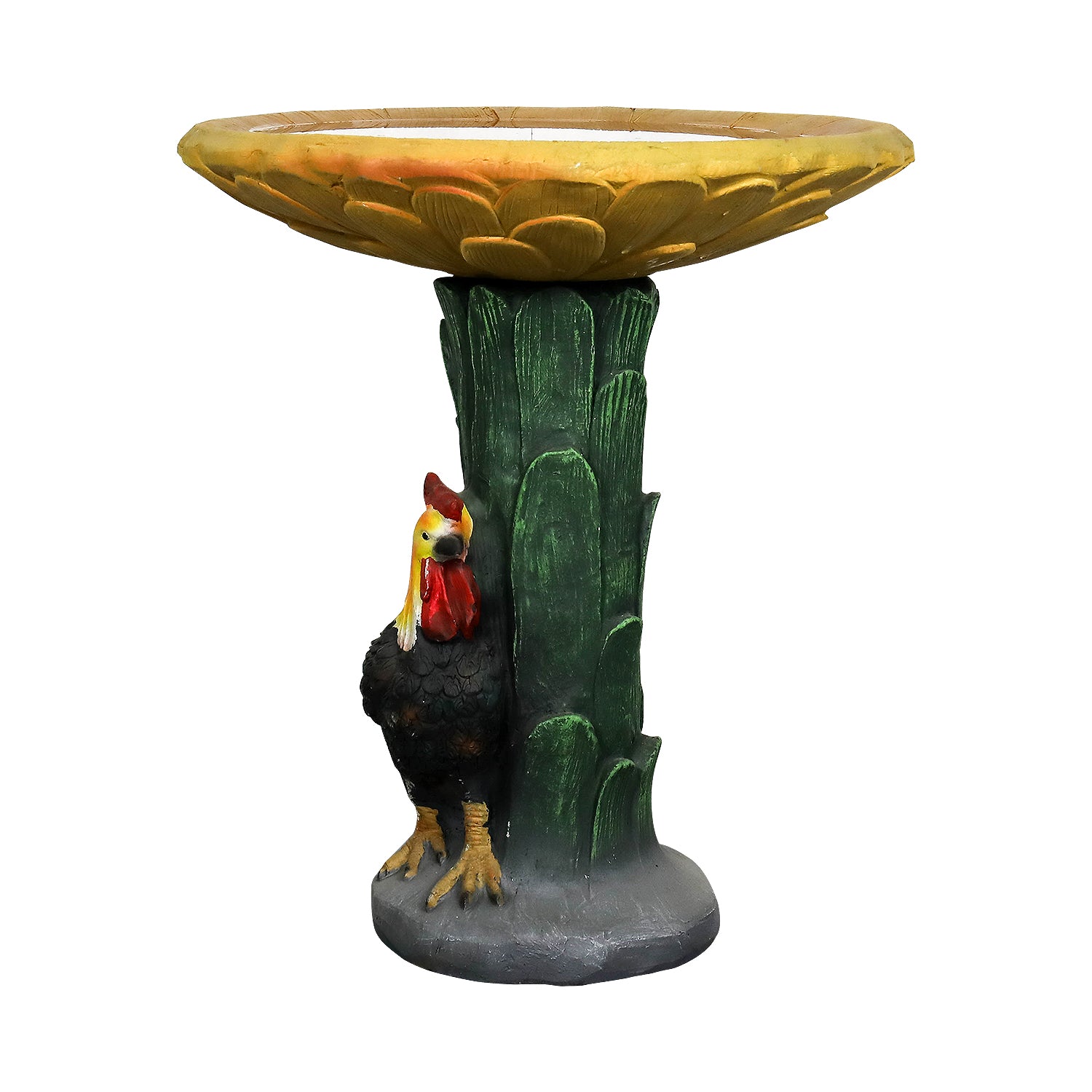 Front view of the 23-inch sunflower and rooster concrete bird bath on a white background.