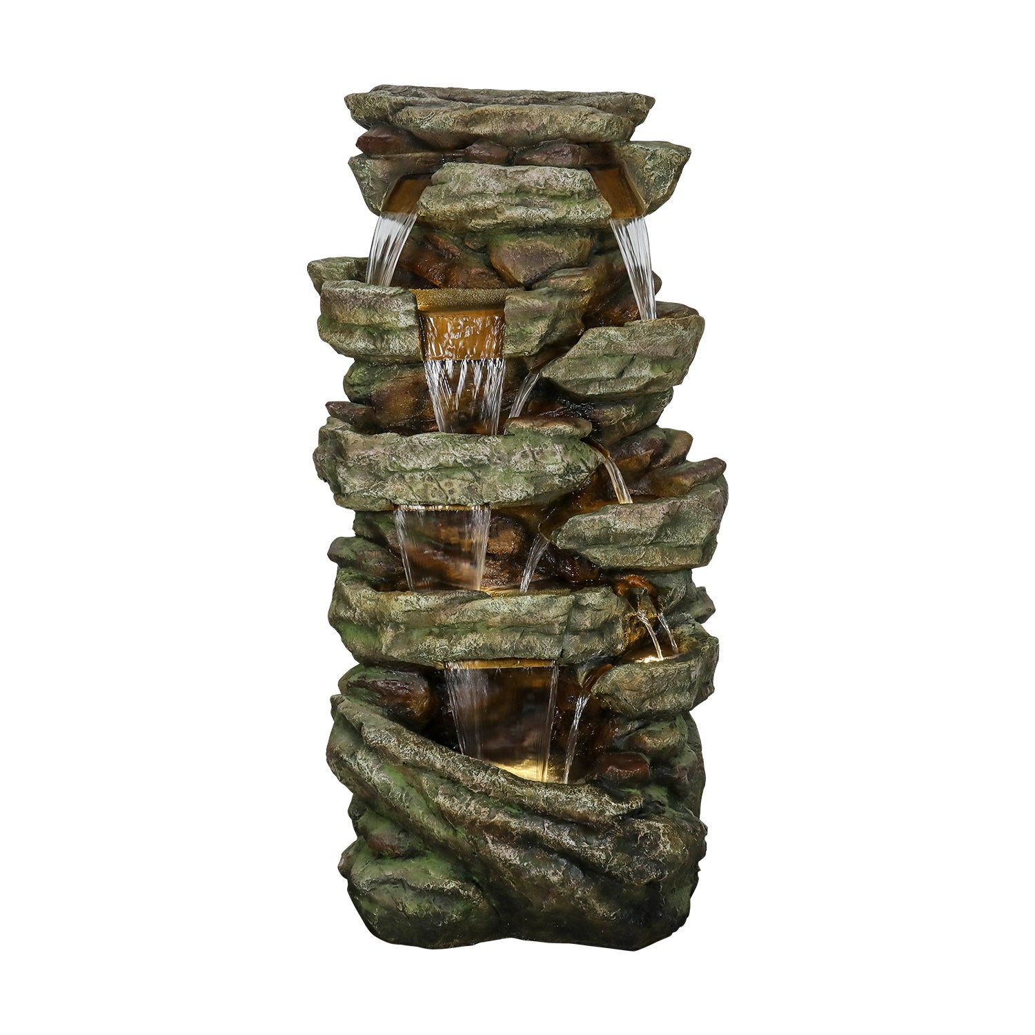 Front view of the 47.2" large cascading rock fountain with 7 white LEDs on white