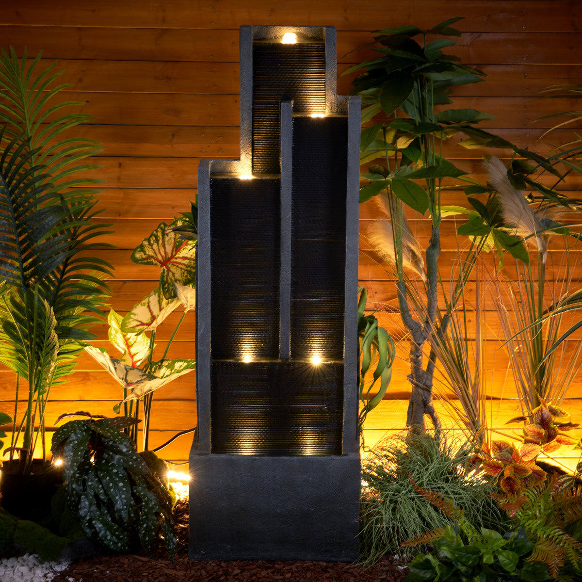 Resin Ribbed Slate Outdoor Water Fountain Quiet 50 in on patio