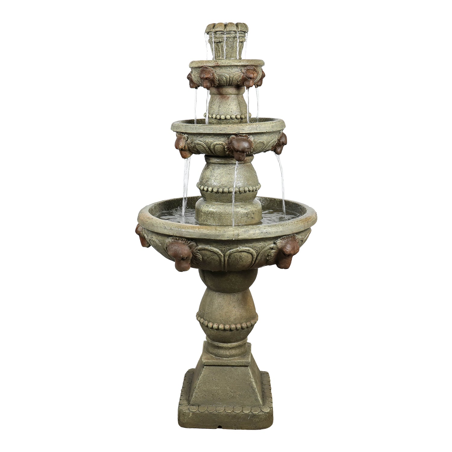 Front view of the 52-inch tall classic 3-tier outdoor fountain with lion head motifs on white.