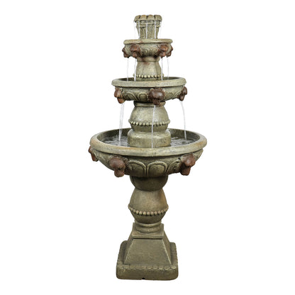 Front view of the 52-inch tall classic 3-tier outdoor fountain with lion head motifs on white.