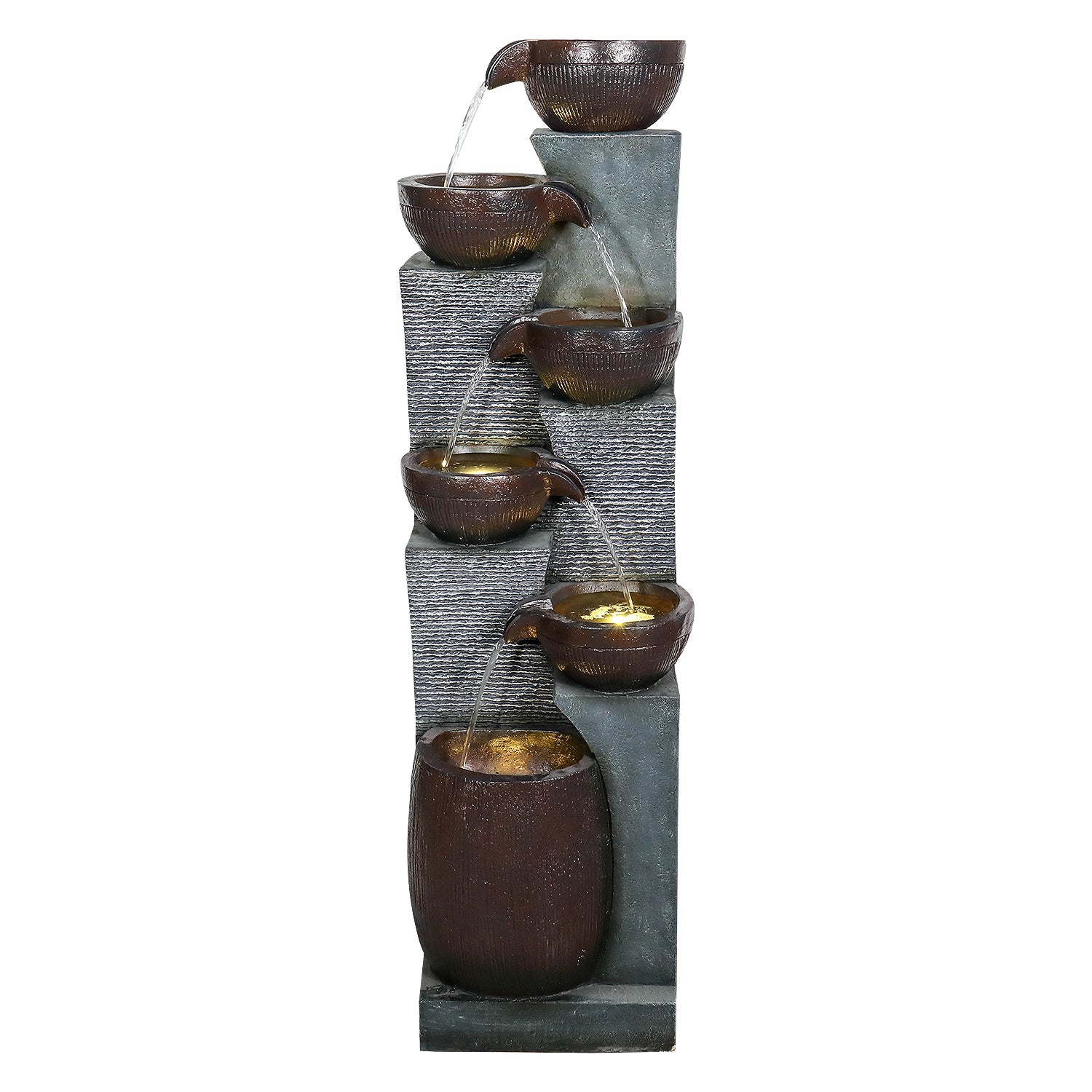 Front view of the 53.5" 6-tiered polyresin waterfall fountain with LEDs on white