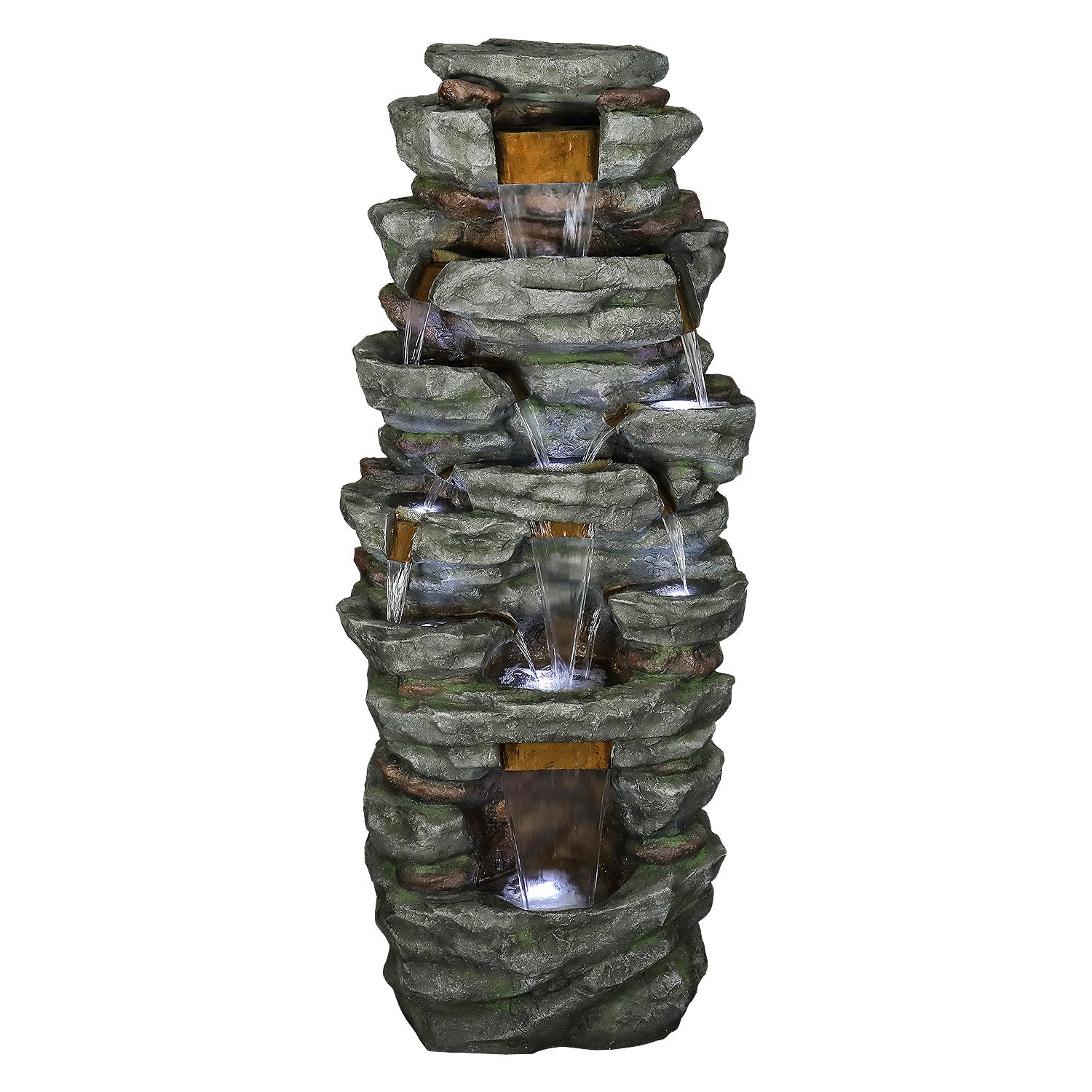 Front view of the 79-inch tall rock waterfall fountain on white