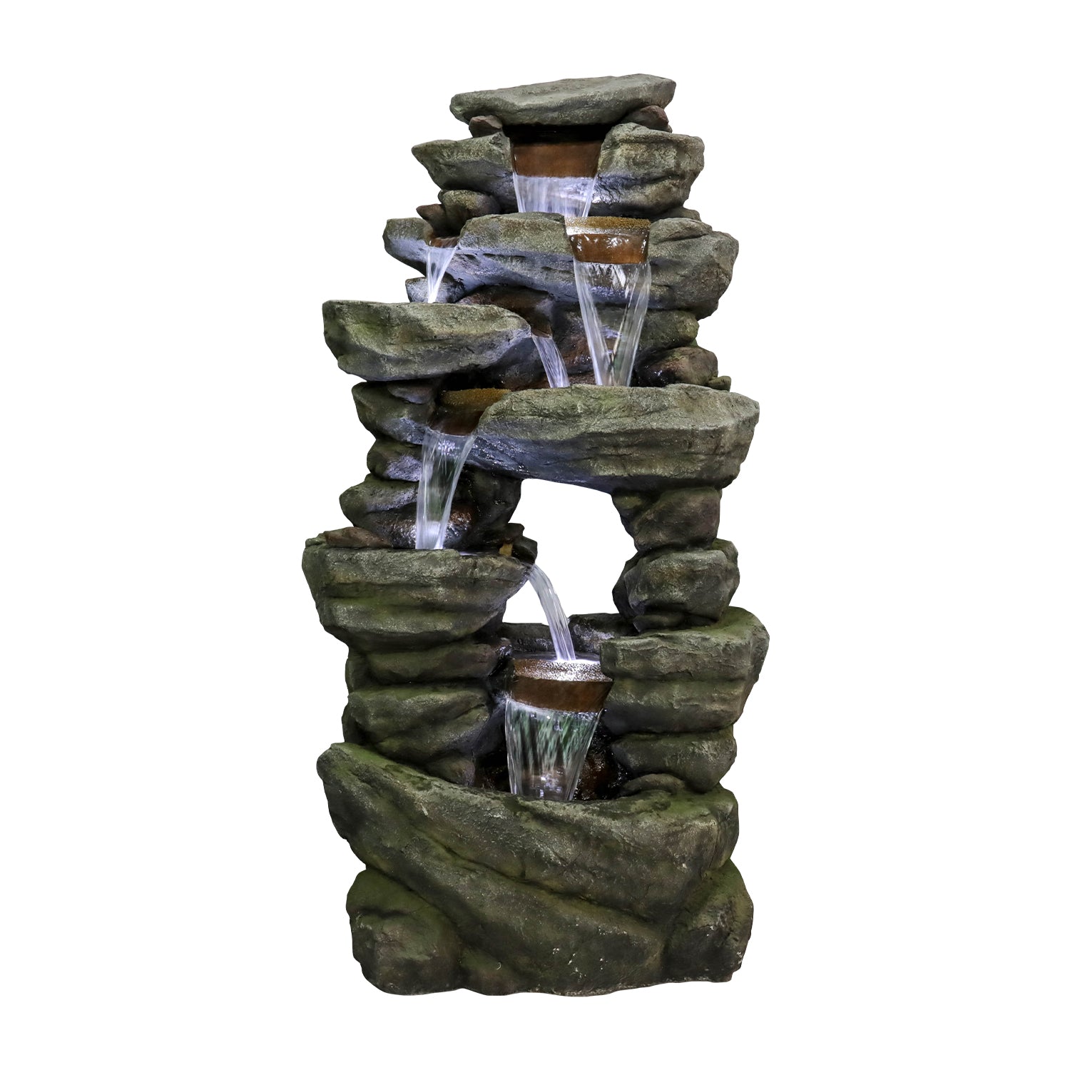 Front view of the large sturdy natural stone look garden waterfall on a white background.