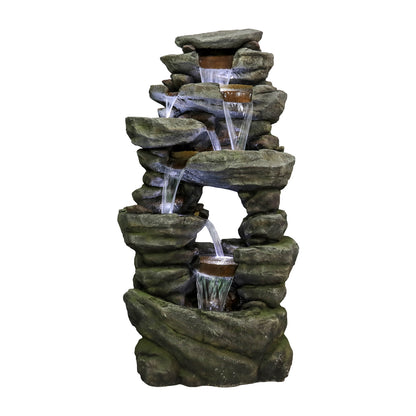 Front view of the large sturdy natural stone look garden waterfall on a white background.
