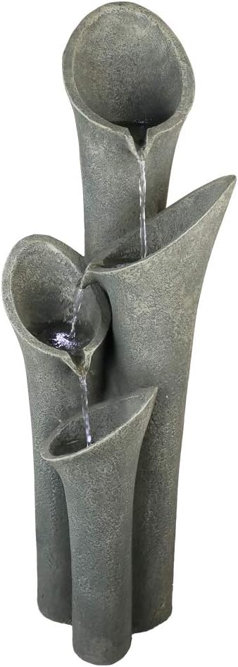 Concrete Trumpet Flower Outdoor Fountain 33 Inch LED lit at night