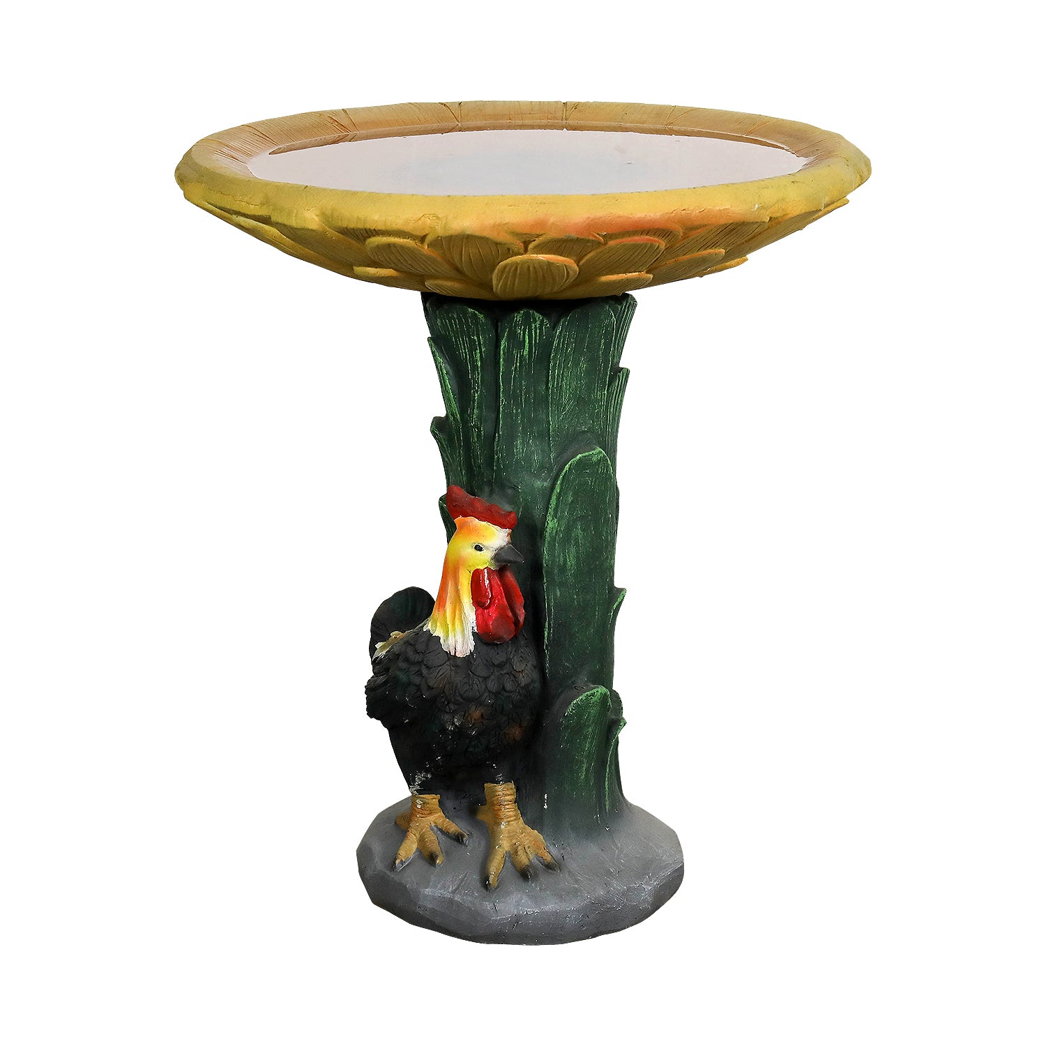 Full view of the farmhouse style sunflower and rooster bird bath isolated on a white background.