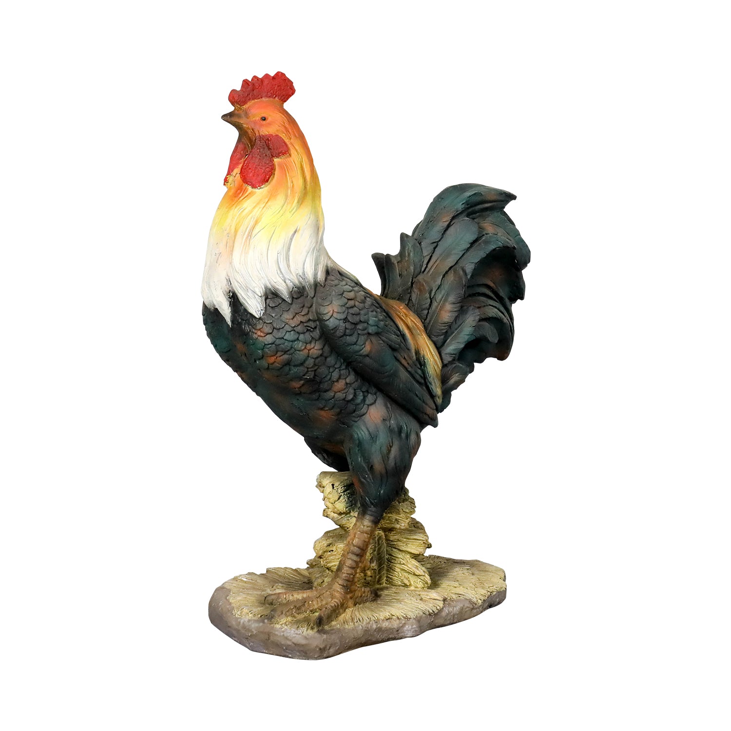 Full view of the freestanding fiber-reinforced concrete rooster statue on a white background.