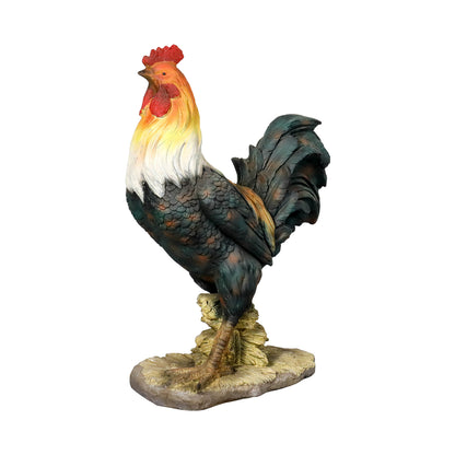 Full view of the freestanding fiber-reinforced concrete rooster statue on a white background.