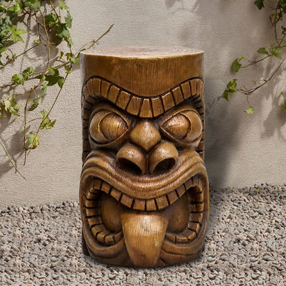 Functional concrete Tiki stool used as a patio side table for drinks
