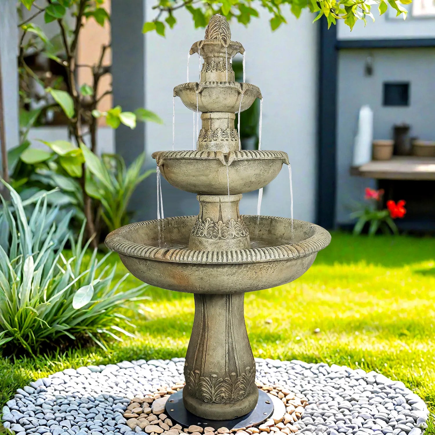 Grand 63-inch 3-tier GFRC fountain as a focal point in a modern landscaped garden.