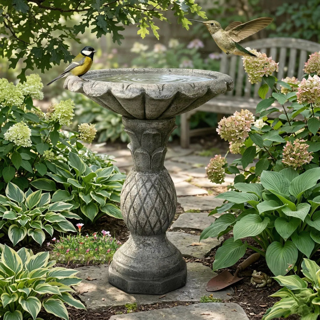 Gray cast stone pedestal bird bath surrounded by green garden foliage