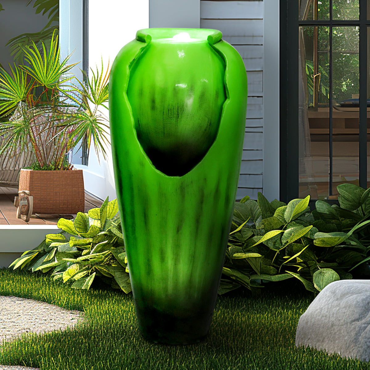 Resin Glazed Cutout Urn Outdoor Water Fountain 30 Inch in garden setting