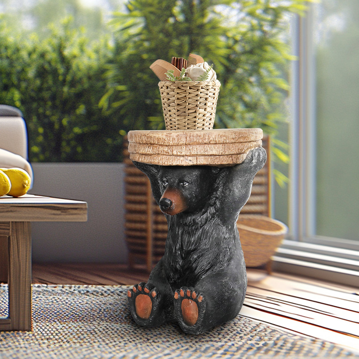 Hand-painted black bear pedestal used as a unique office end table