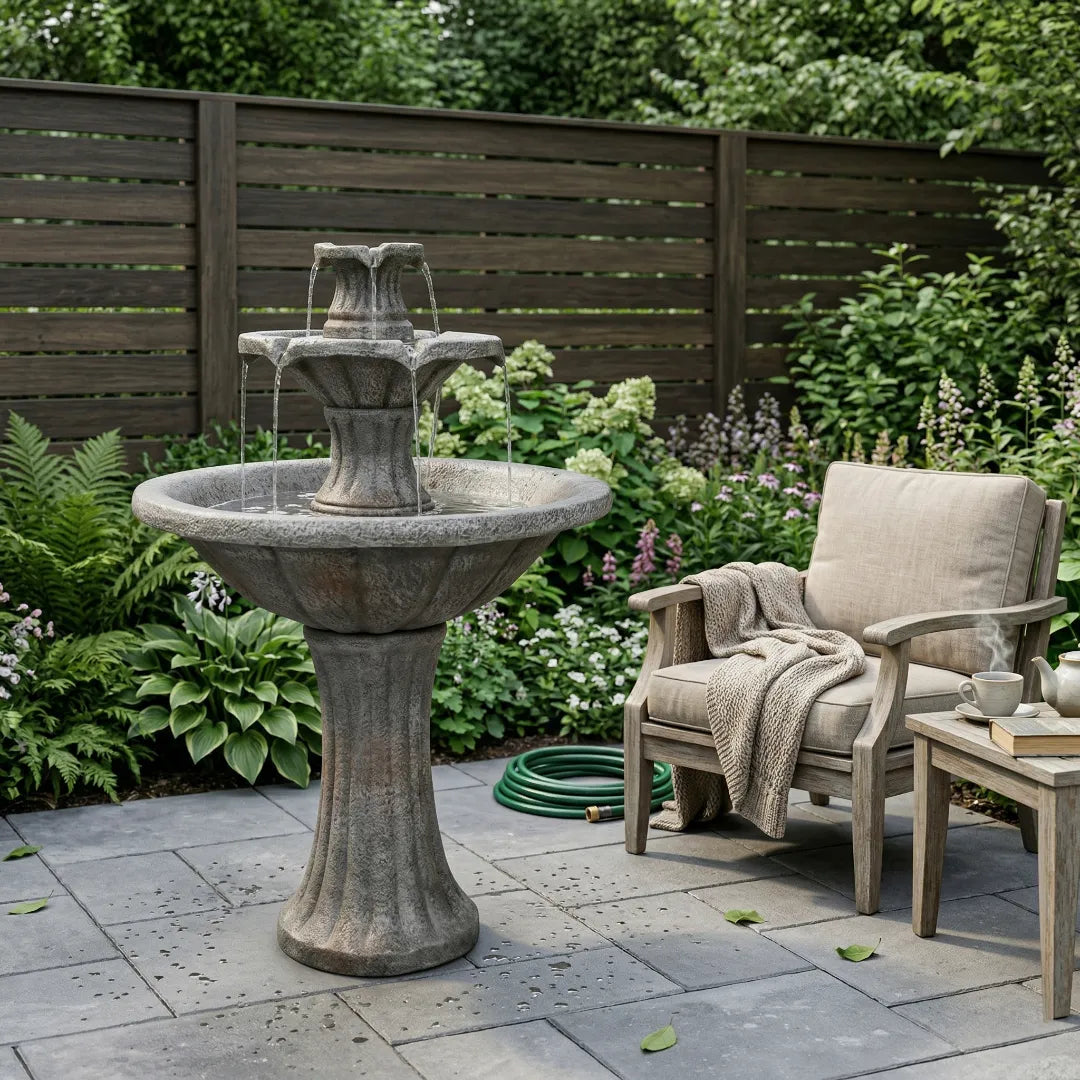 Heavy-duty concrete bird bath fountain on a relaxing backyard patio.