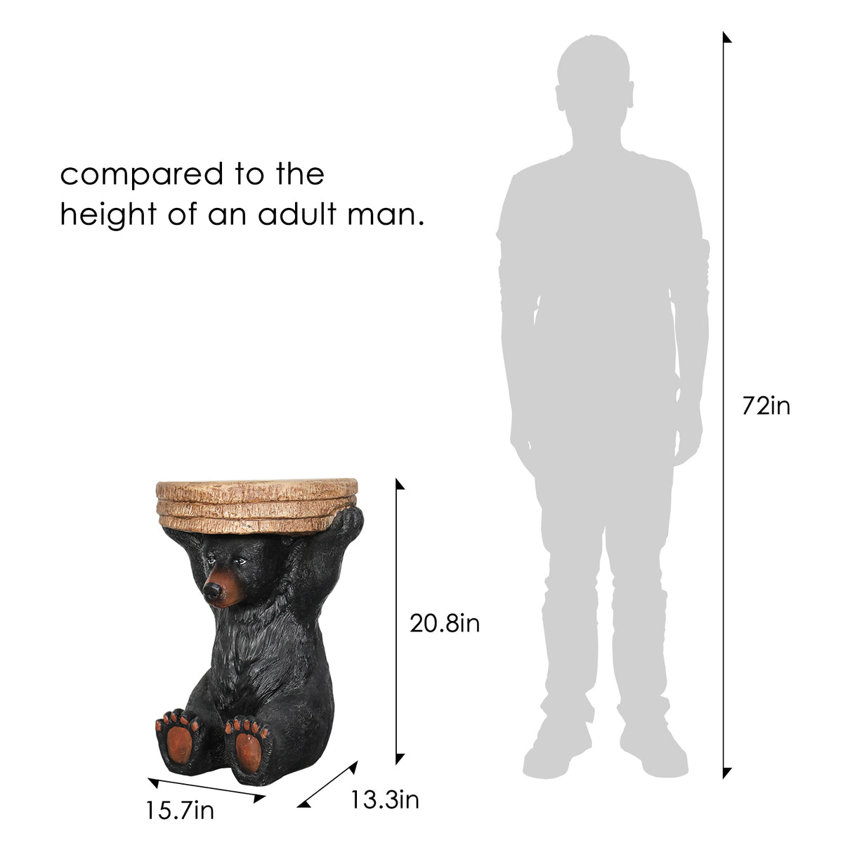 Height comparison of the 21" tall hand-painted black bear side table