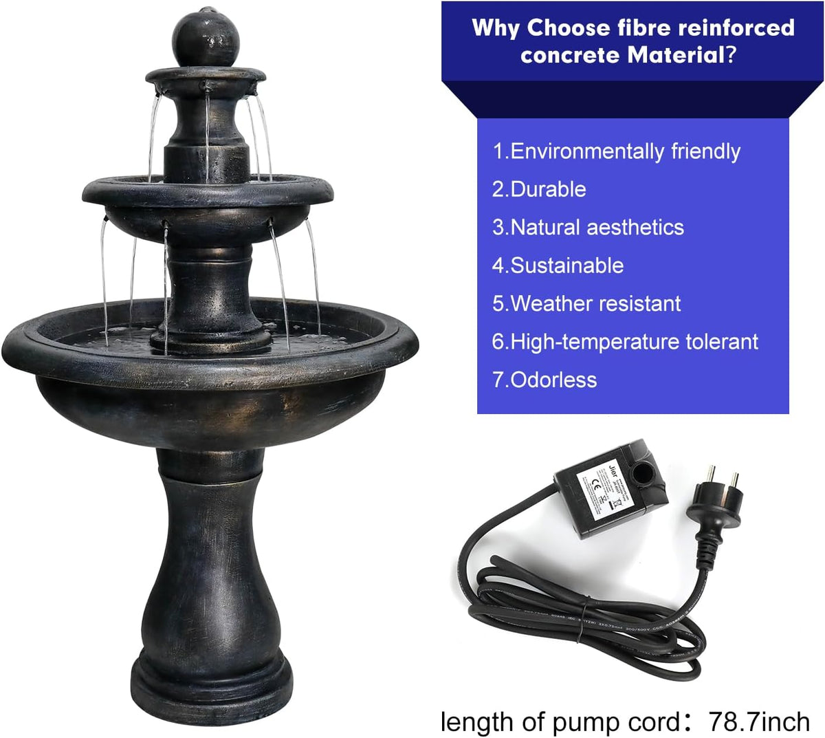 Concrete Antique Black 3 Tier Outdoor Water Fountain on patio