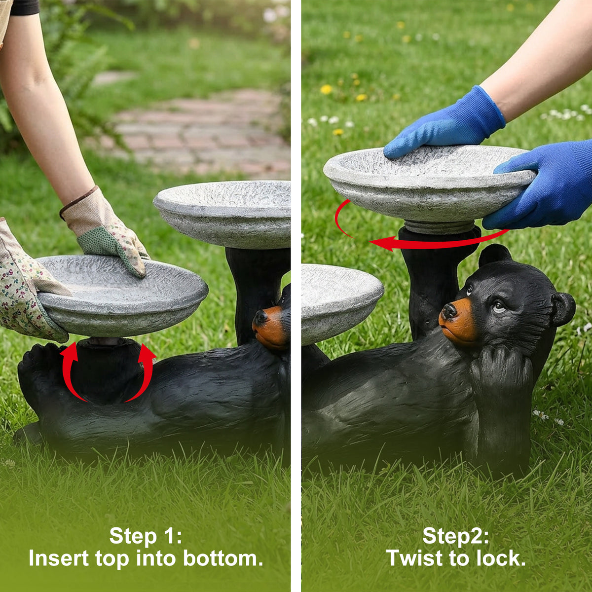 Instructional view of the easy twist-lock bowl assembly on the black bear garden statue.