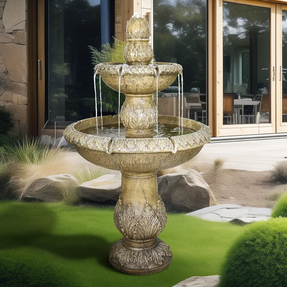 Large concrete outdoor fountain and birdbath placed as a focal point in a modern landscaped yard.