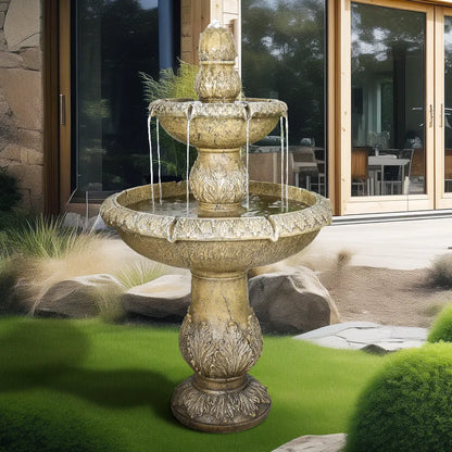 Large concrete outdoor fountain and birdbath placed as a focal point in a modern landscaped yard.