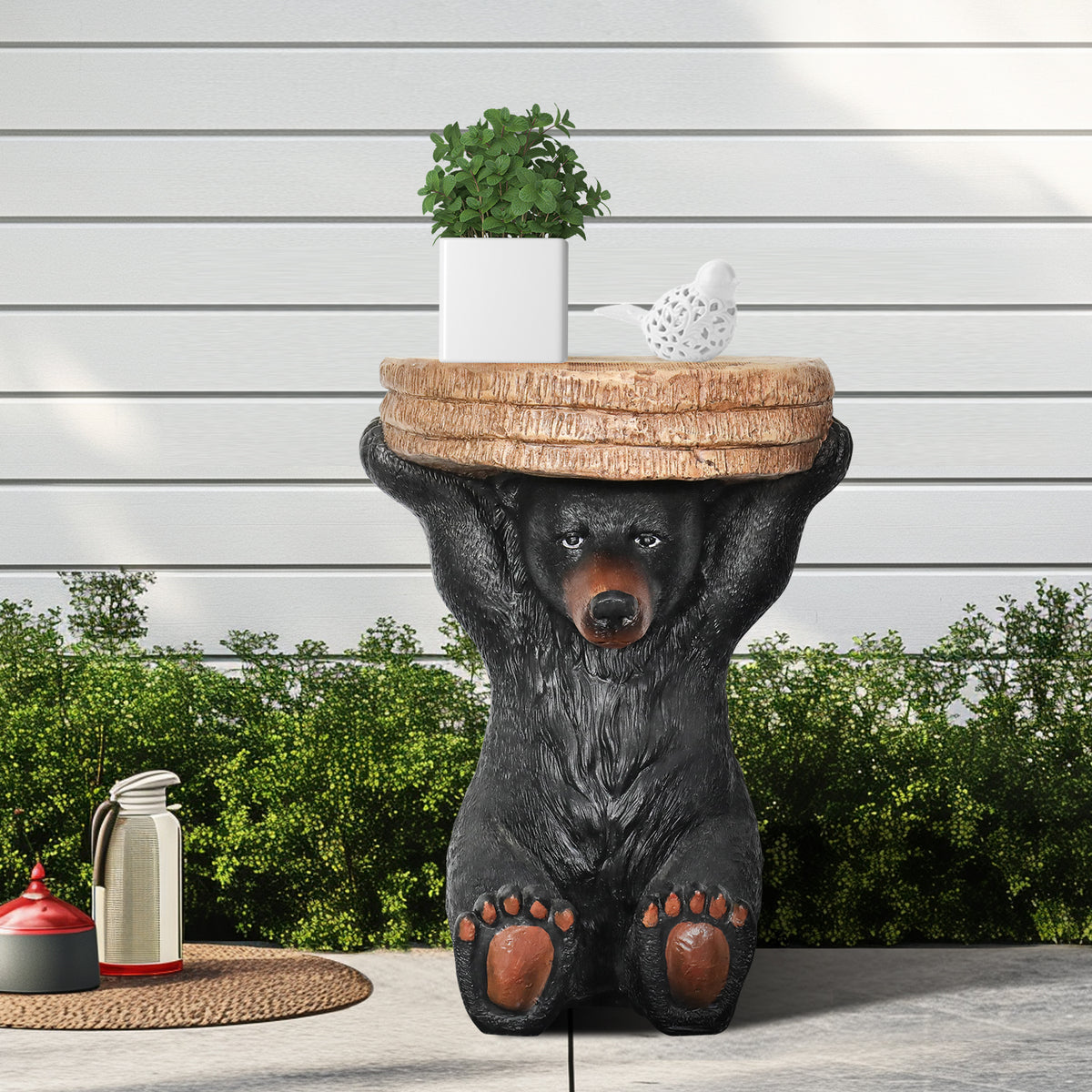 Lifelike American black bear side table greeting guests at an entryway