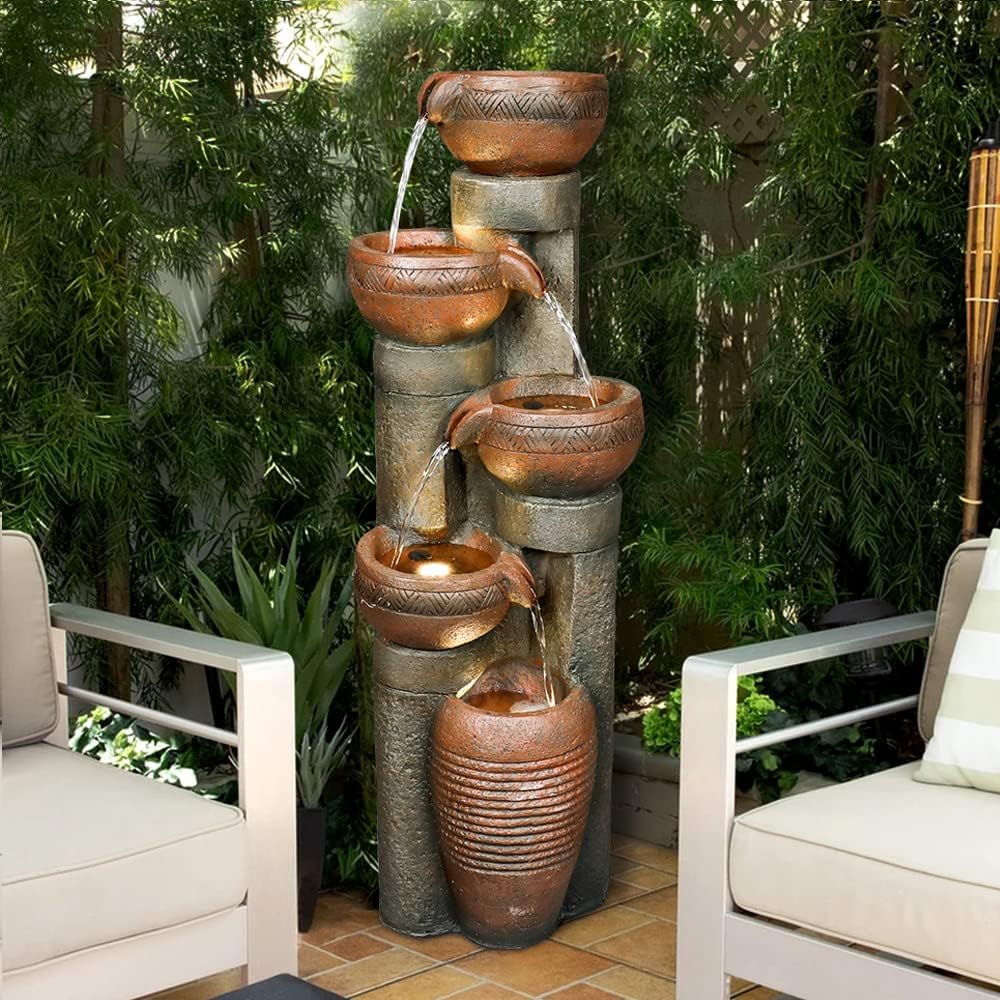 Resin Copper Bowl Cascading Column Fountain 39 Inch LED lit at night