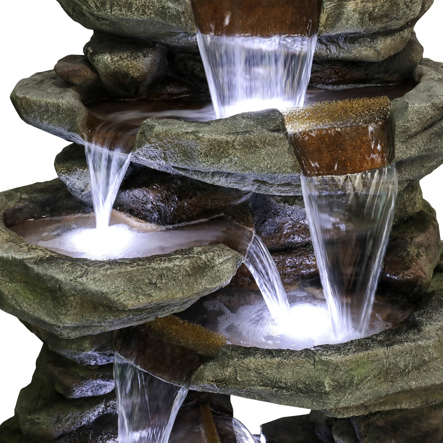 Macro shot highlighting the 7-tier waterfall flow and weatherproof rock texture.
