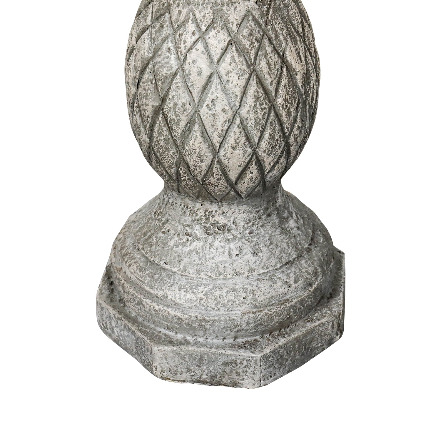 Macro shot of the sturdy and heavy 16.5kg concrete base preventing the birdbath from tipping.