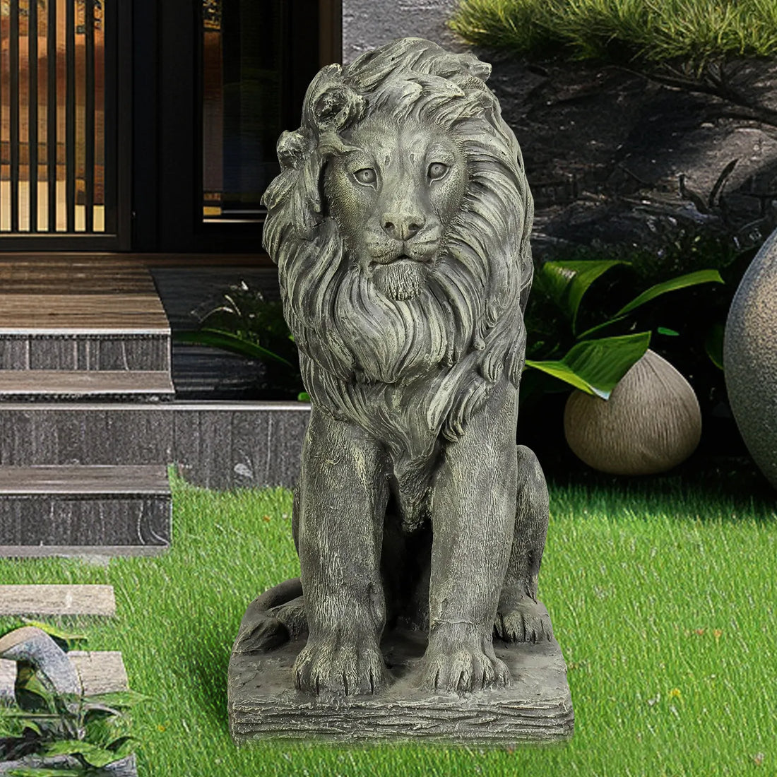 Majestic 22.8-inch guardian lion statue in fiber-reinforced concrete guarding a modern home entryway.