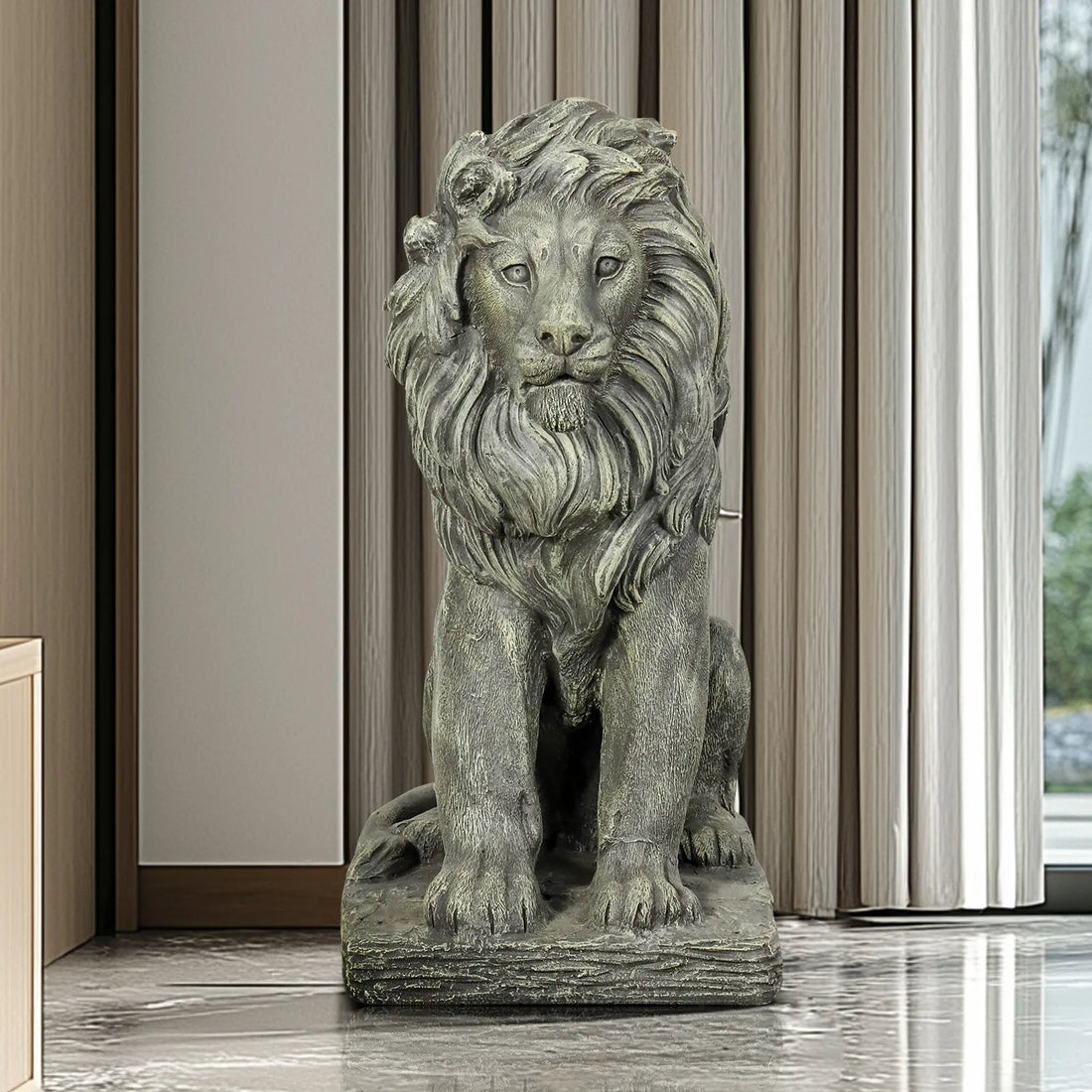 Majestic 22.8" concrete guardian lion statue in a luxurious grand hall foyer