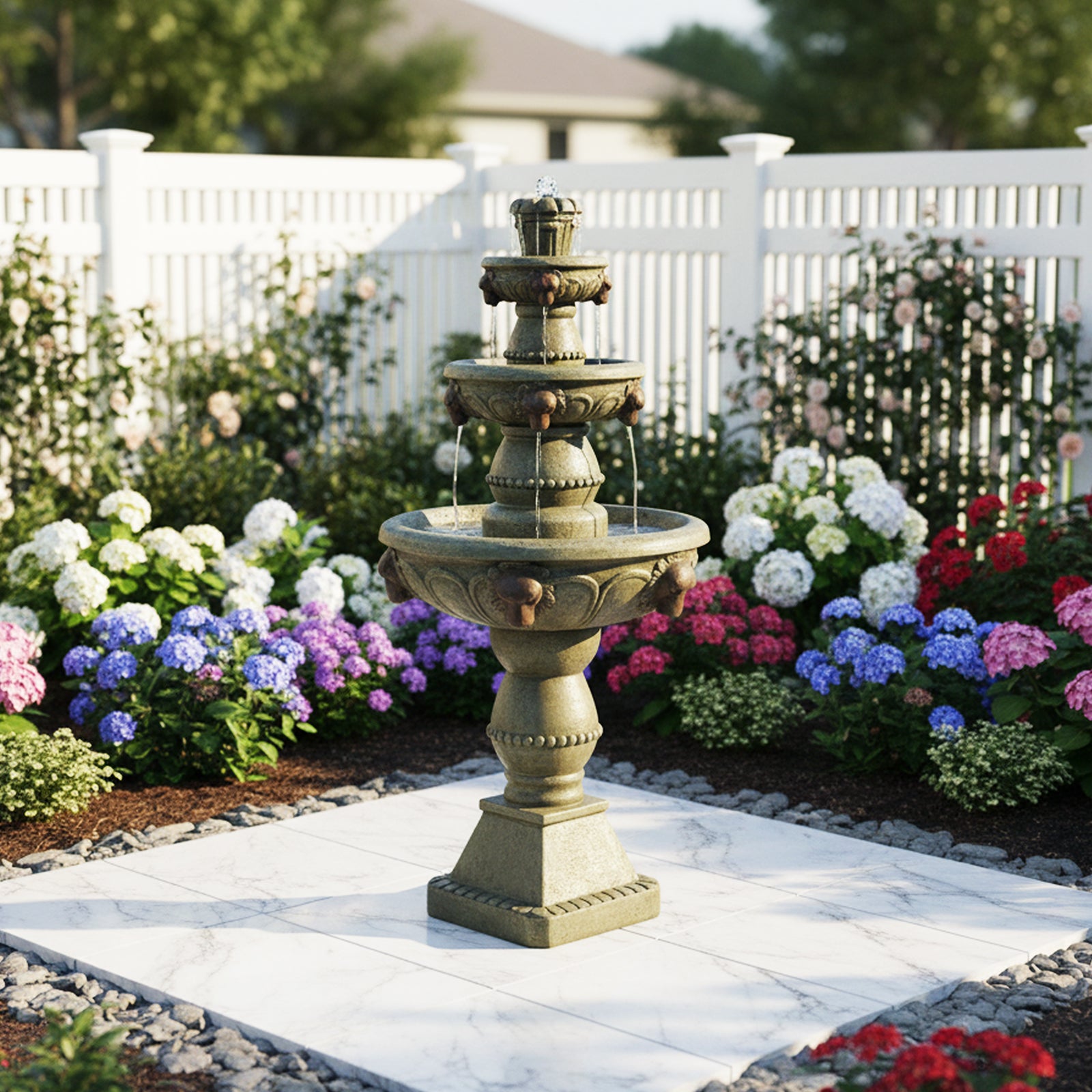 Majestic lion head tiered fountain enhancing a manicured green lawn next to a white fence.