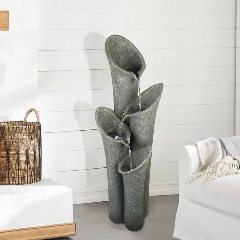 Concrete Trumpet Flower Outdoor Fountain 33 Inch close up of water flow