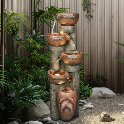 Modern outdoor fountain with warm LED lights illuminating a peaceful backyard