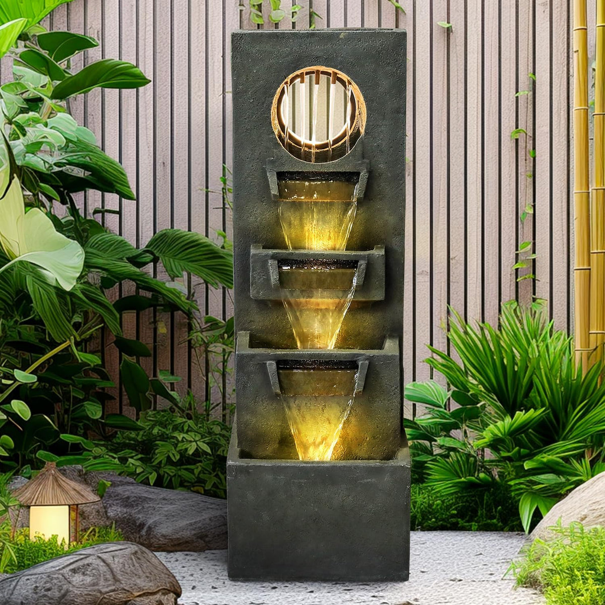 Resin Moon Gate Outdoor Water Fountain 39 Inch Warm in garden setting