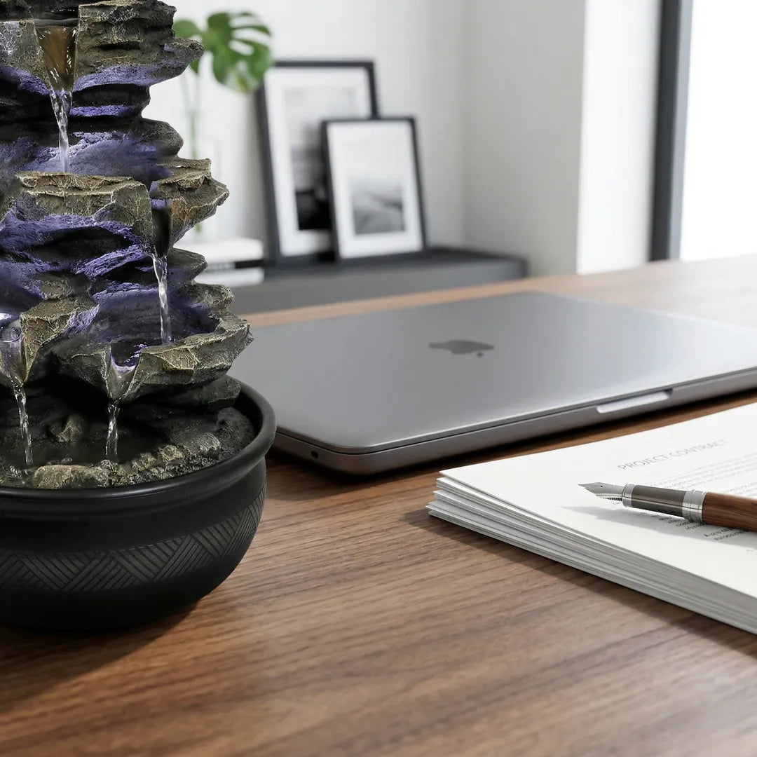 Modern tabletop fountain on a perfectly dry wood desk next to a laptop and paperwork.